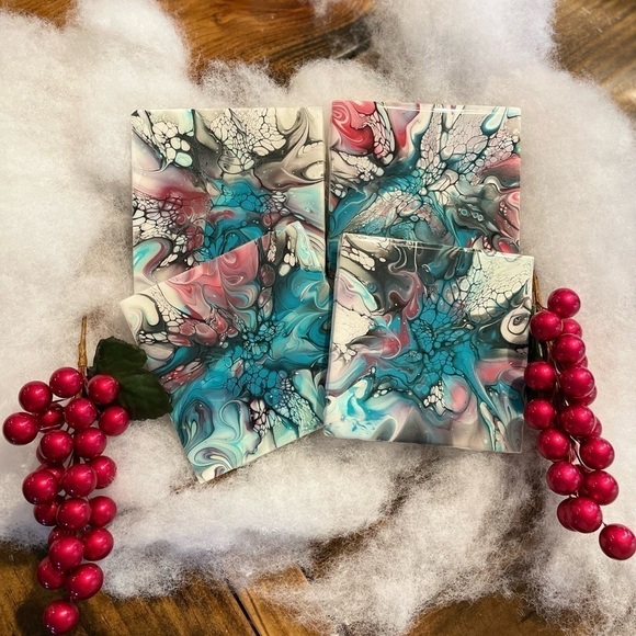 Set of 4 hand painted coasters. Sealed w/resin cork backing Turquoise & purple - Picture 1 of 7